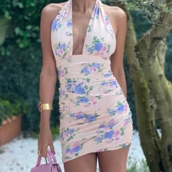 Zara pastel pink floral flower ruched halter top bodycon mini dress Sz XS - Picture 1 of 7